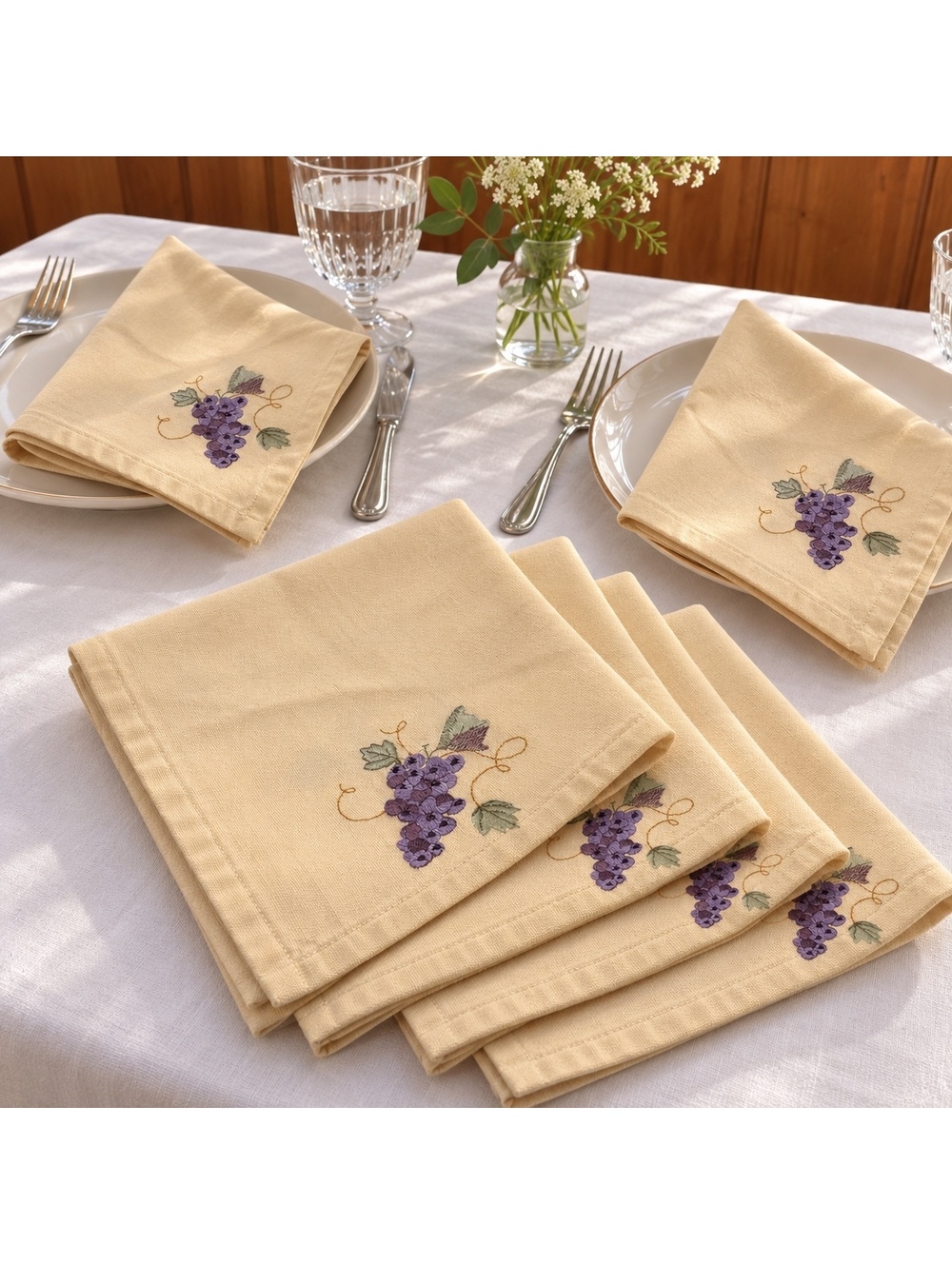 Embroidered Grape Cloth Napkins Set Of 6 Cream Cotton 19 Inch